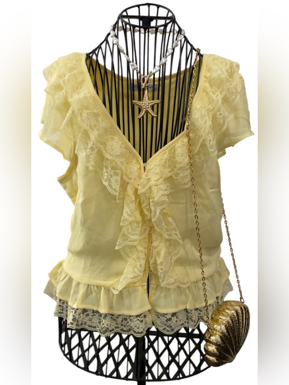 Yellow Lace Ruffle V-Neck Women's Top
